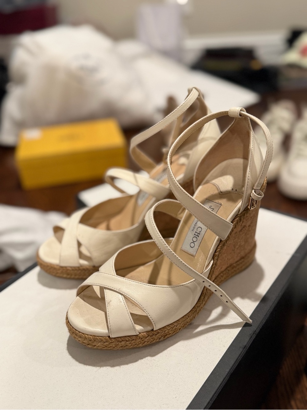 Jimmy Choo Ivory Leather Espadrille Wedge Sandals
